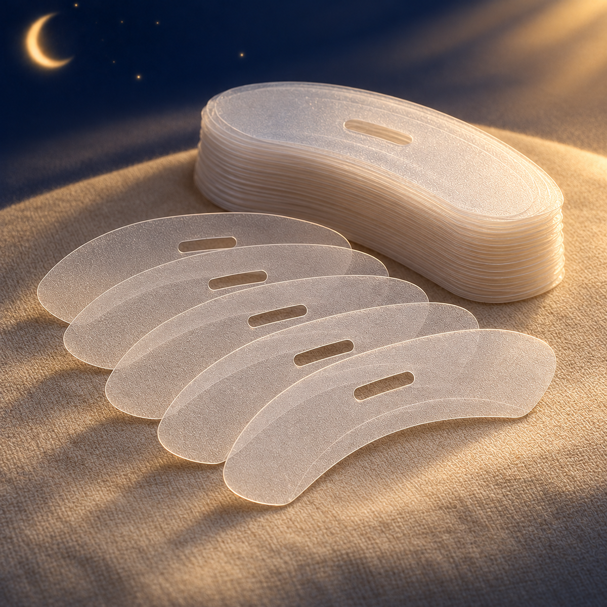 Hushmoon Sleep Mouth Tape: clear lip-shaped mouth tape strips with a small centre breathing vent, 30 strips