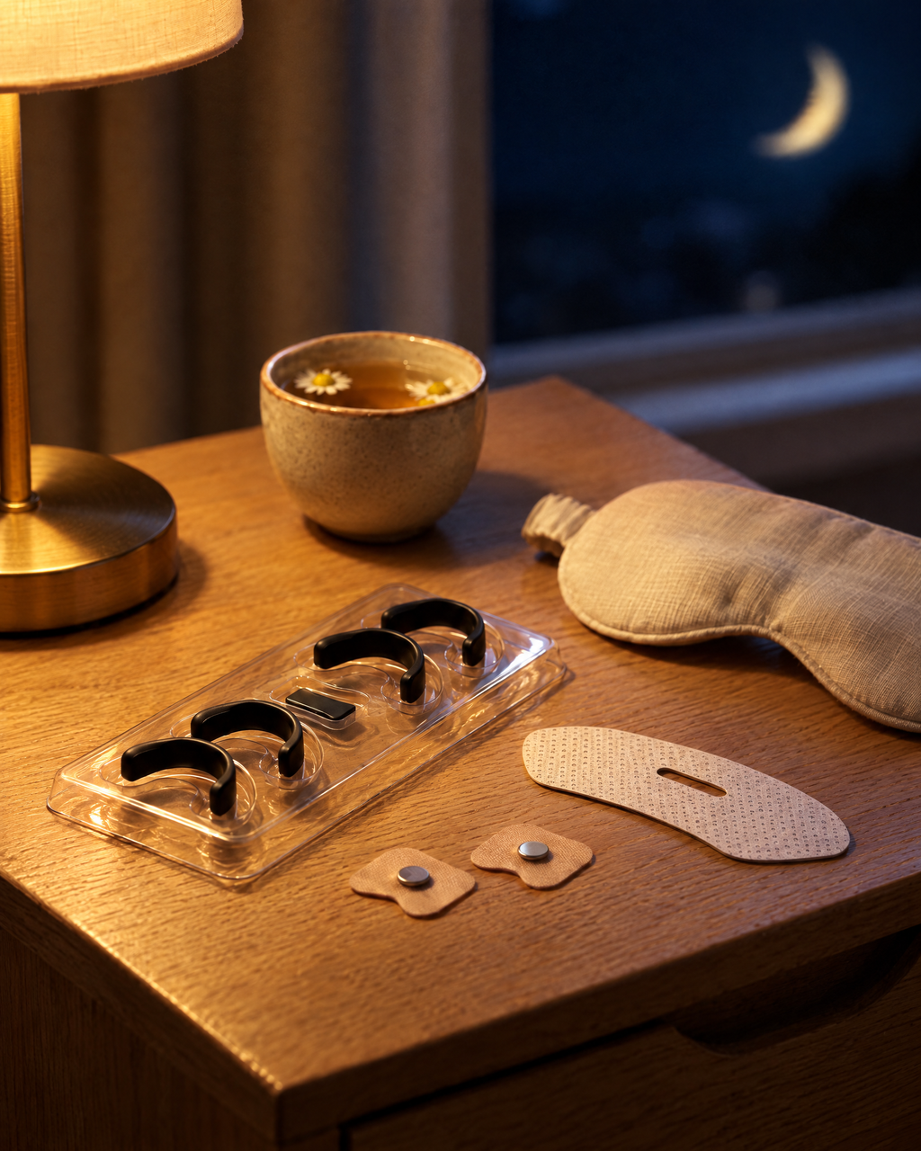 Hushmoon Couples Pack close-up: magnetic nasal band, tabs and mouth tape in warm lamplight