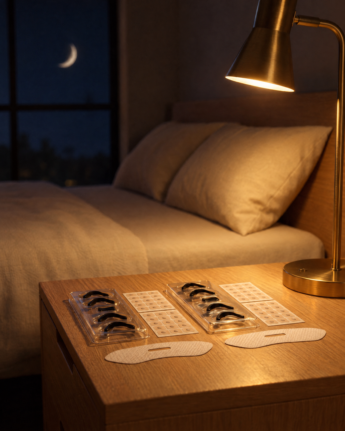 Hushmoon Couples Pack: two magnetic nasal strip kits and two mouth tapes on a bedside table in a moonlit bedroom