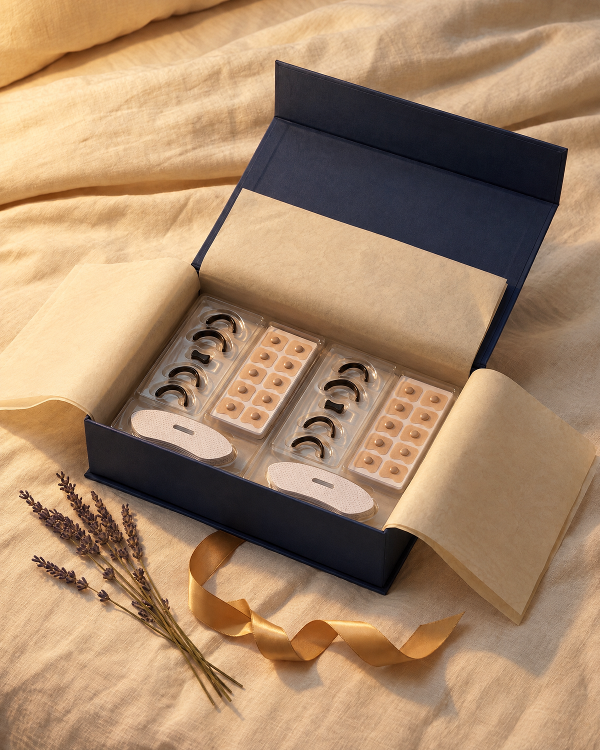 Hushmoon Couples Pack in a gift box: two kits of magnetic nasal bands, tabs and mouth tape