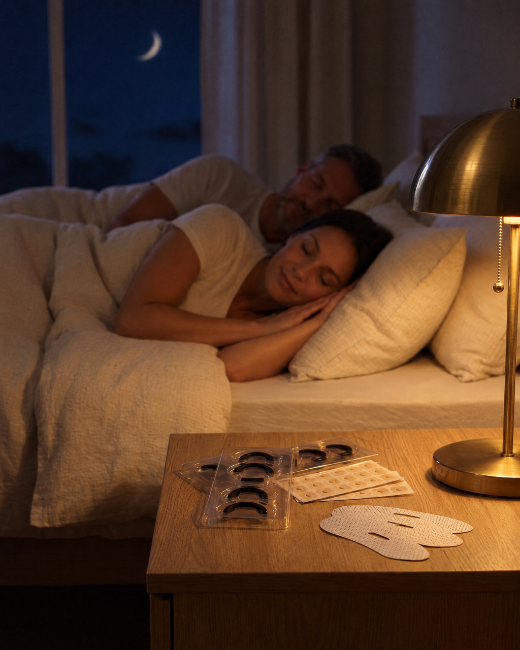 Hushmoon Couples Pack: a couple sleeping peacefully with both kits on the bedside table