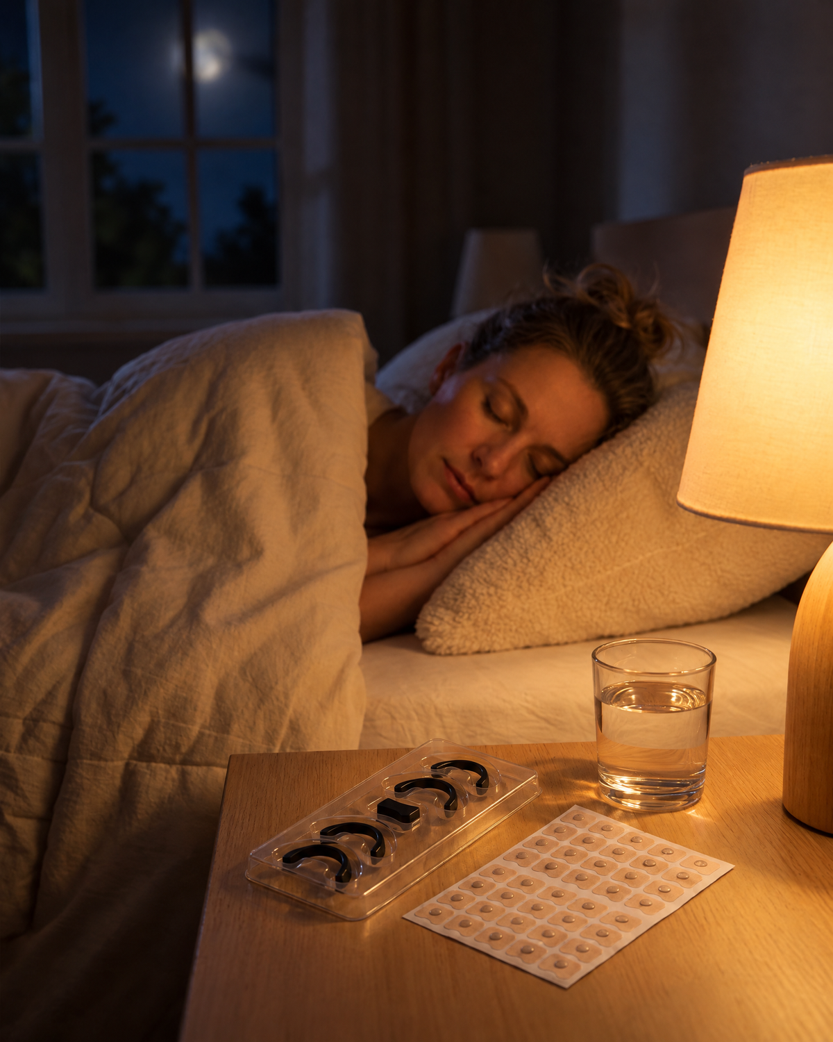 Hushmoon Starter Kit on the bedside table while a woman sleeps peacefully