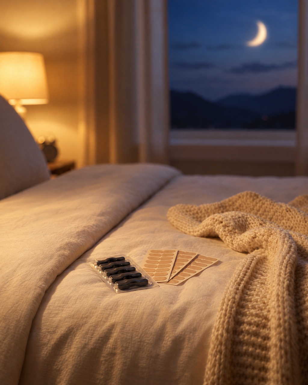 Hushmoon Starter Kit: magnetic nasal bands and adhesive tabs on the corner of a cosy bed