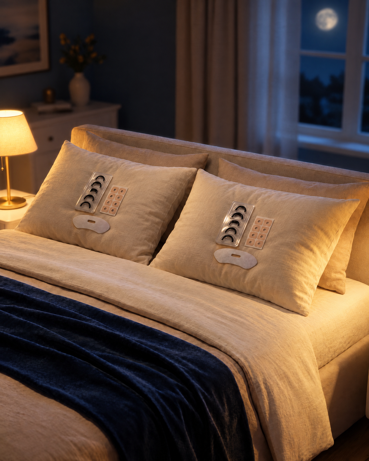 Hushmoon Couples Pack: one kit on each pillow of a double bed