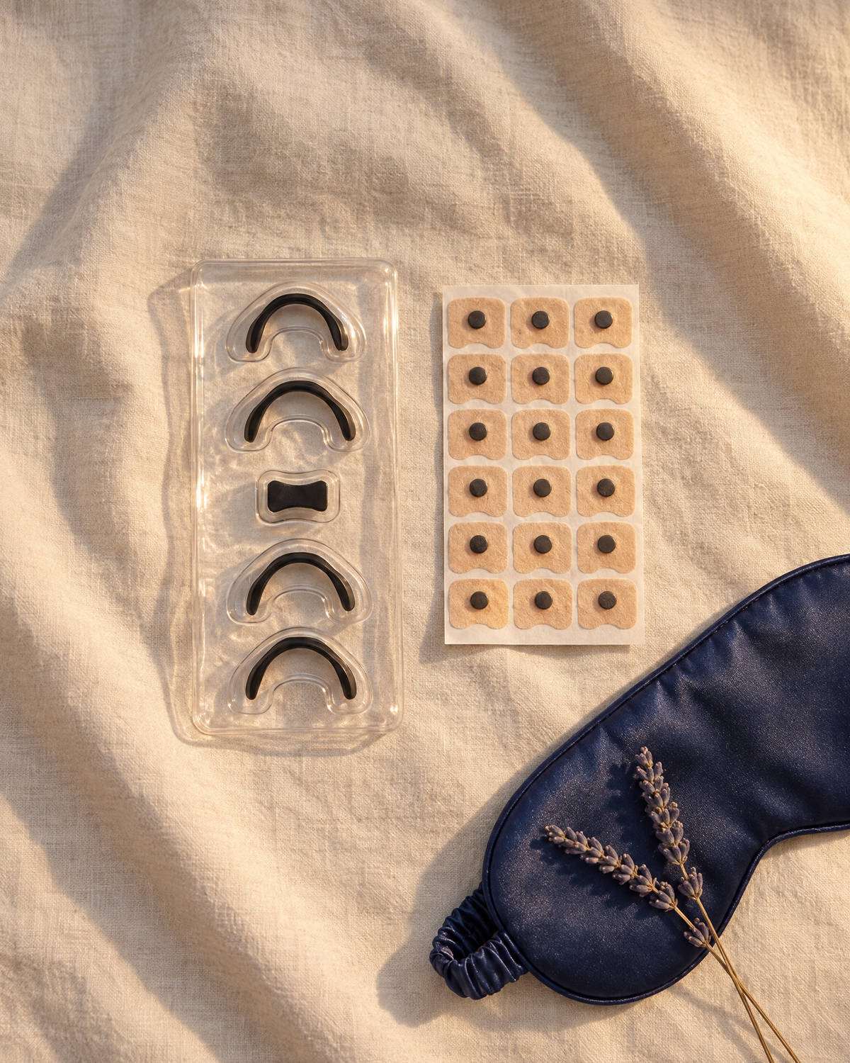 Hushmoon Starter Kit flat-lay: magnetic nasal bands and adhesive tabs on cream linen