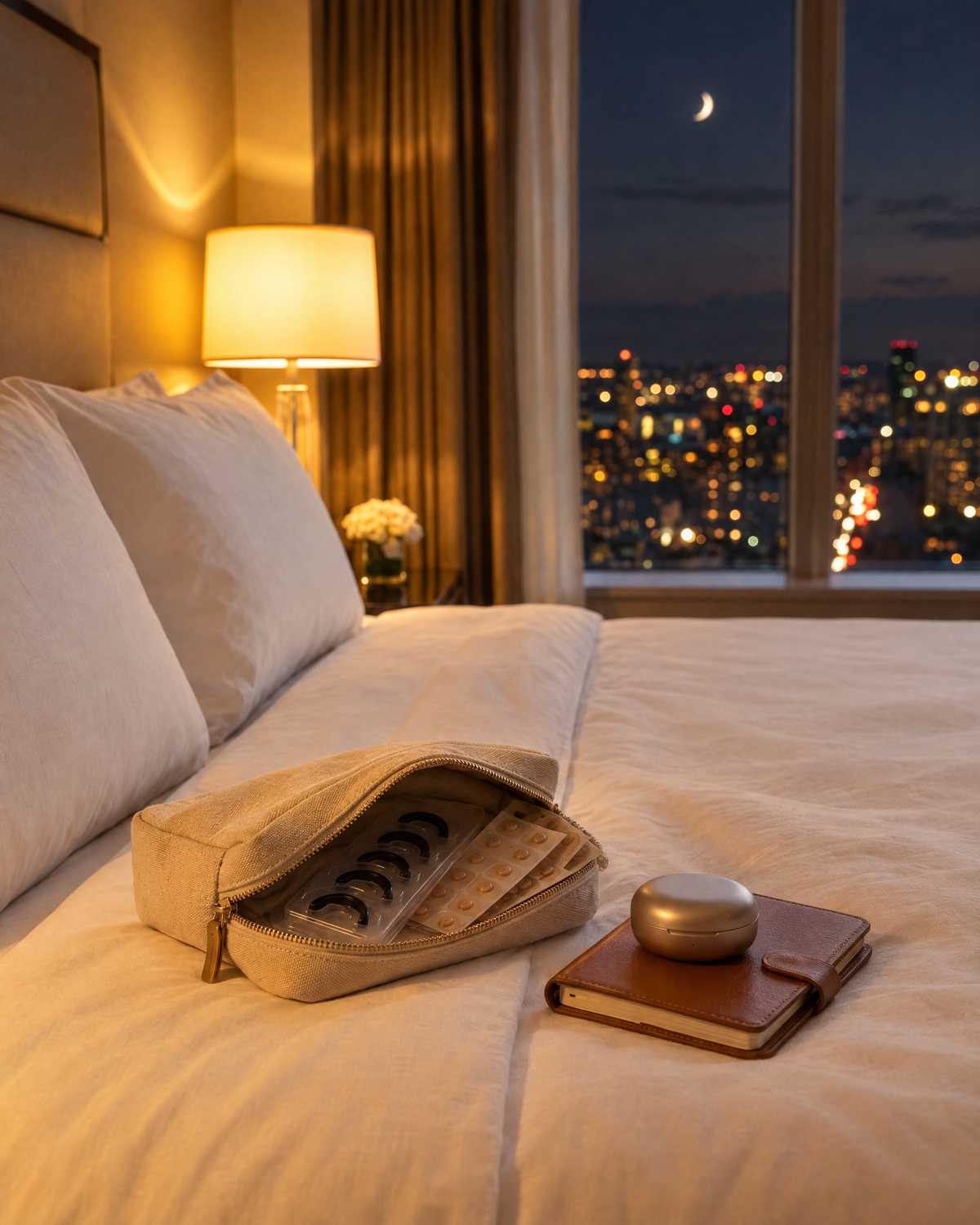 Hushmoon Starter Kit packed in a travel pouch on a hotel bed