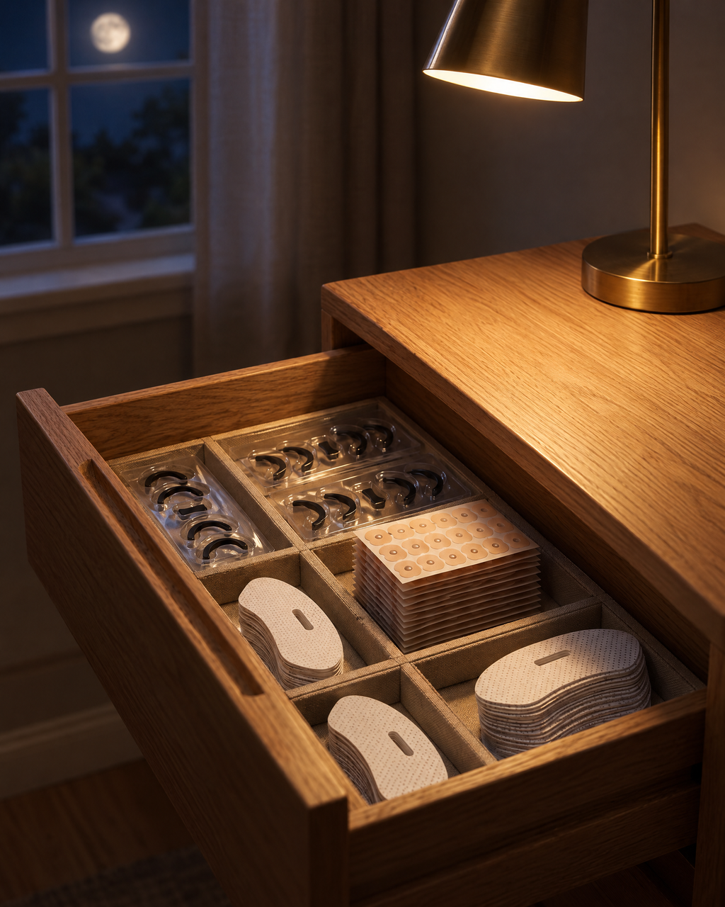Hushmoon 2-Month Supply organised in a bedside drawer: bands, tabs and mouth tape