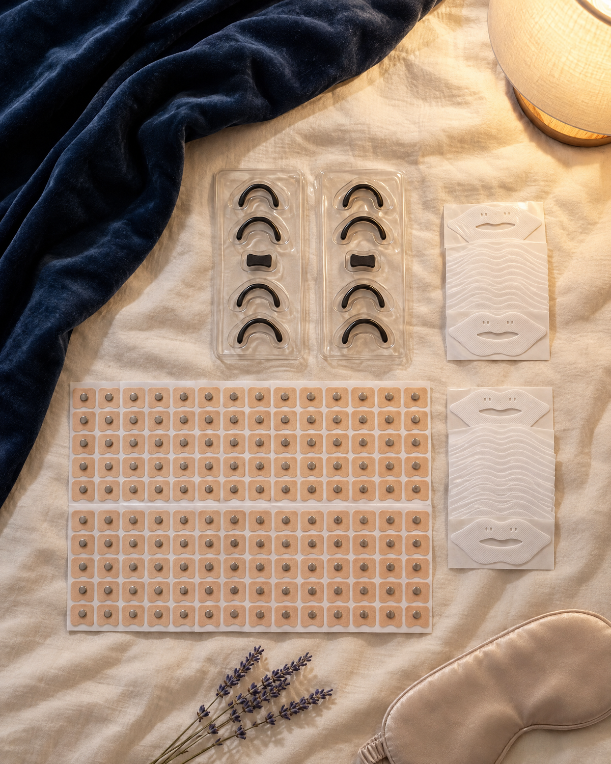 Hushmoon 2-Month Supply flat-lay: magnetic nasal bands, 60 nights of tabs and mouth tape on cream bedding