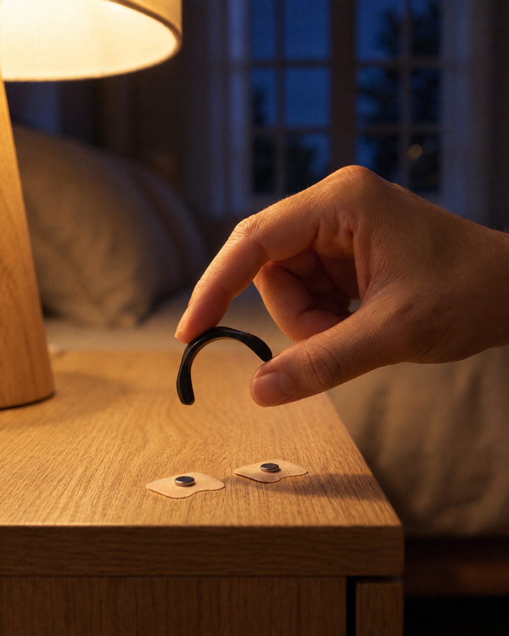 Hushmoon Starter Kit: holding a reusable magnetic nasal band above the tabs