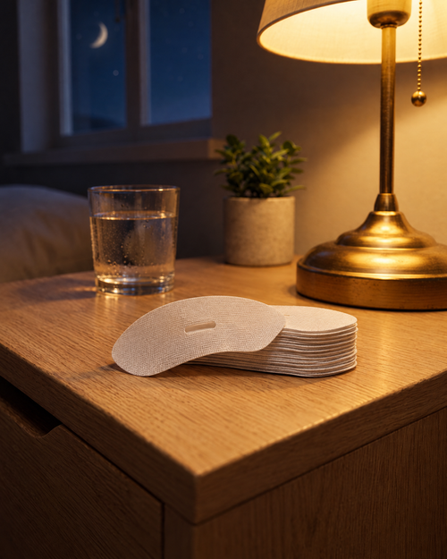 Hushmoon Sleep Mouth Tape: stack of vented strips on a bedside table at night