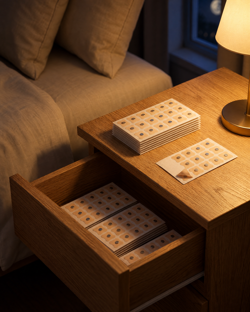 Hushmoon Refill Tabs: sheets of adhesive nasal tabs on a bedside table