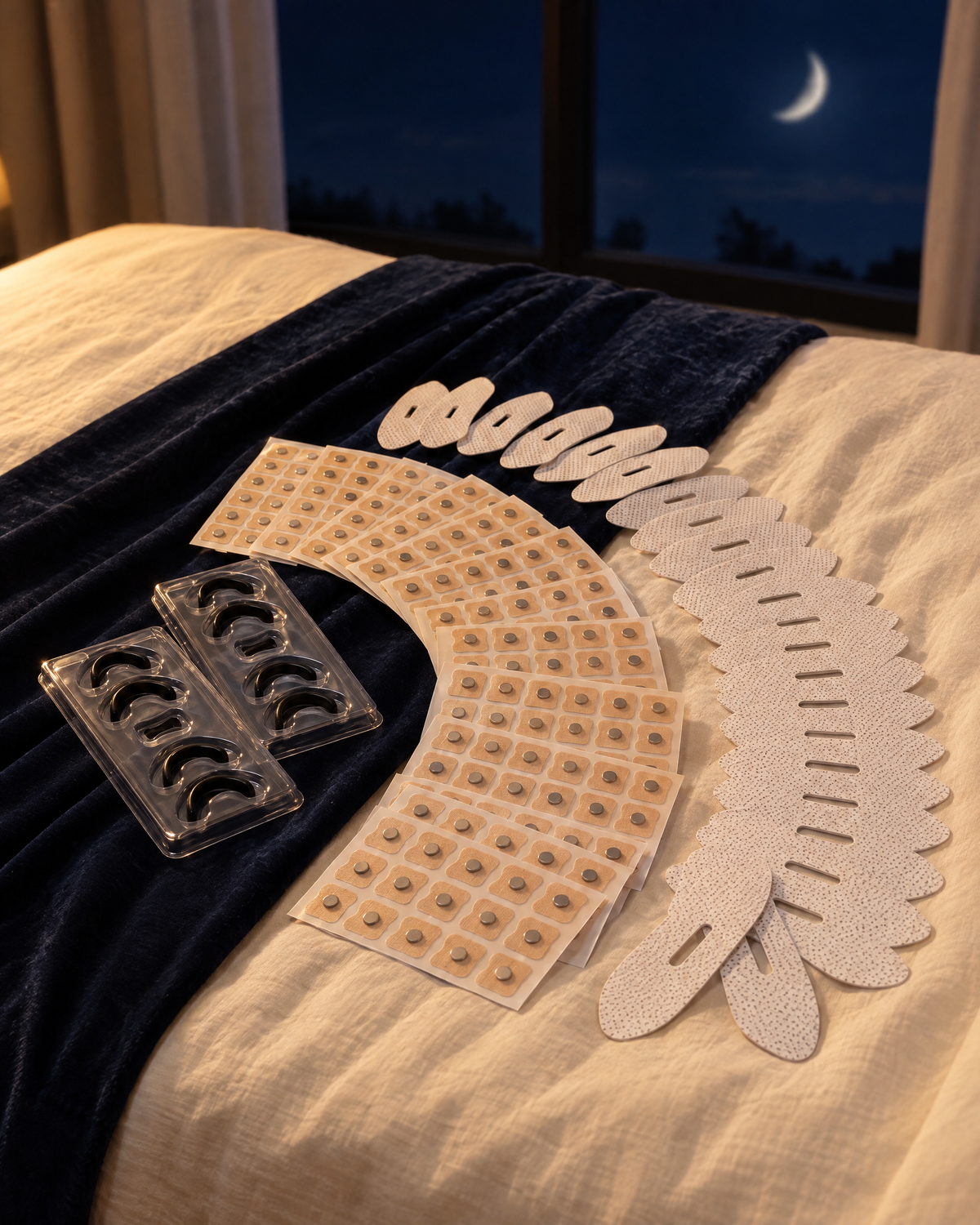 Hushmoon 2-Month Supply fanned out on the bed: bands, 60 nights of tabs and mouth tape