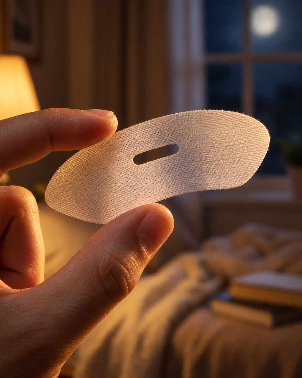 Hushmoon Sleep Mouth Tape: one vented strip held up in lamplight