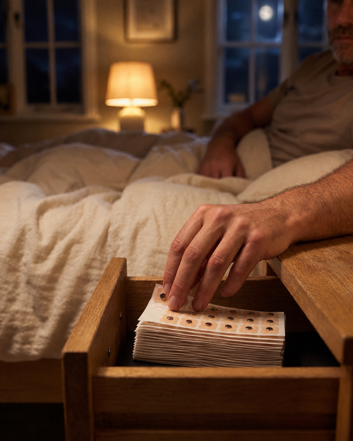 Hushmoon Refill Tabs: taking a fresh sheet from the bedside drawer at bedtime