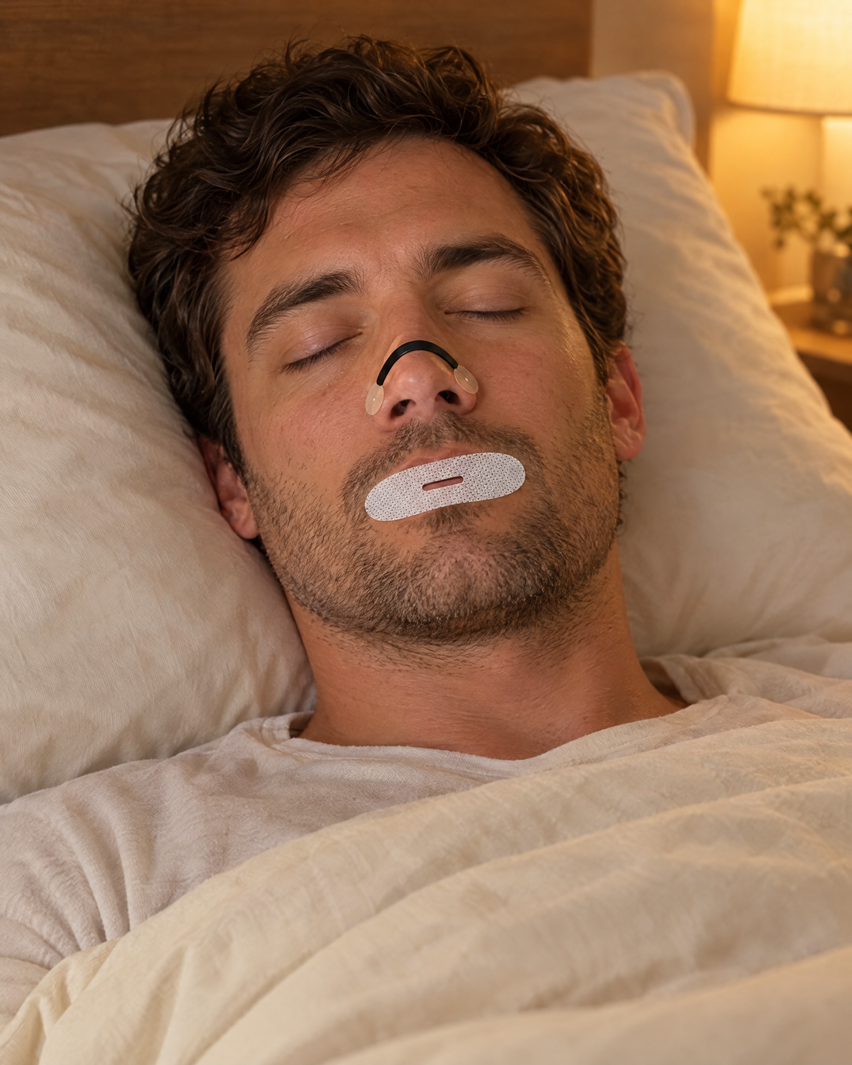 Hushmoon 2-Month Supply being worn: magnetic nasal band and mouth tape while he sleeps