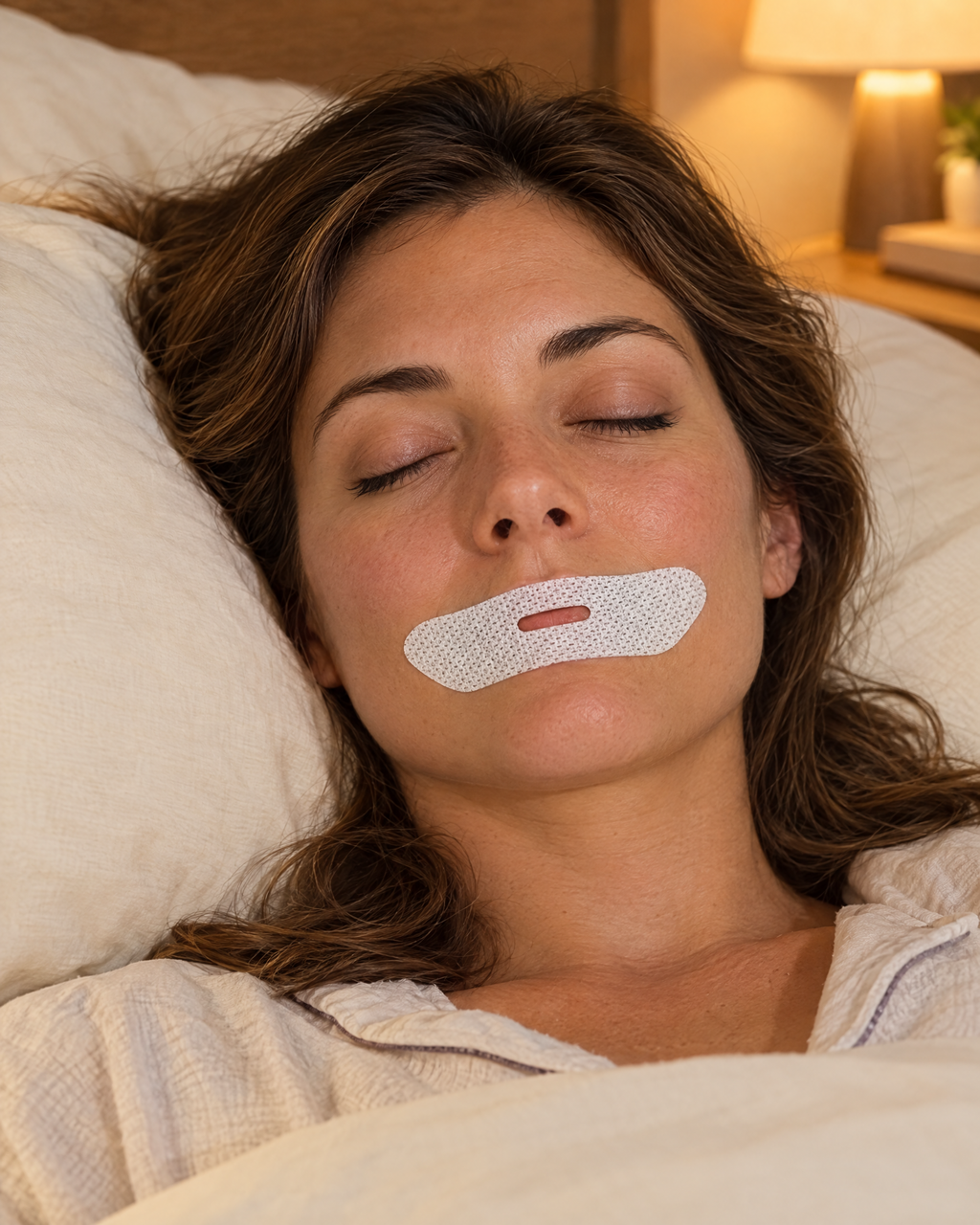 Hushmoon Sleep Mouth Tape being worn: one vented strip across the lips while she sleeps