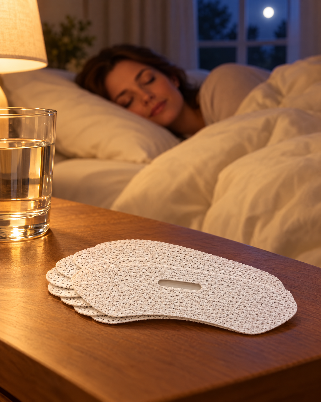 Hushmoon Sleep Mouth Tape on the bedside table while a woman sleeps